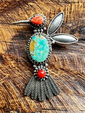 Sterling Silver Hummingbird Brooch Pin Kingman Turquoise Coral Spiny Oyster